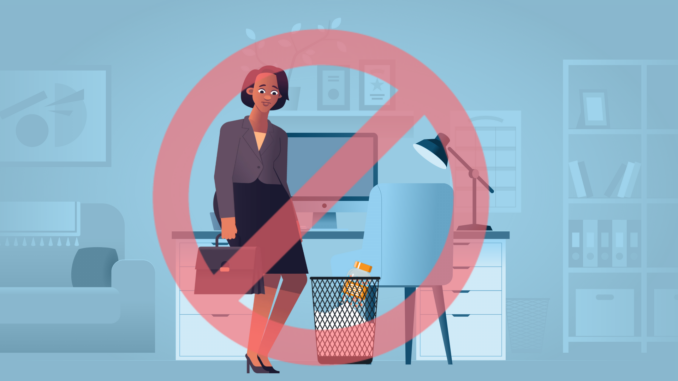 A graphic illustration of a woman at work throwing away medication with a STOP symbol superimposed