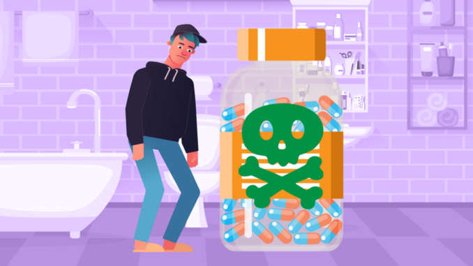 A graphic illustration of a teenager looking sadly at a giant bottle of medication with a skull and crossbones