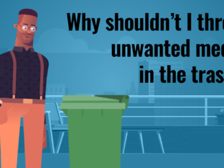 A graphic illustration of a man looking at a trash can with the text "Why shouldn't unwanted meds be thrown in the trash"