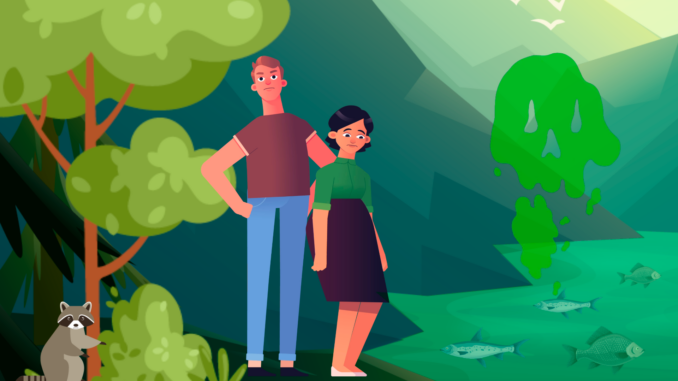 A graphics illustrations of a young man and woman standing by a river that has turned green from pollution.