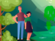 A graphics illustrations of a young man and woman standing by a river that has turned green from pollution.