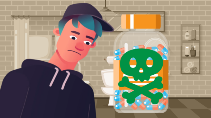 A graphic illustration of a teenager looking at a bottle of medication with a skull and crossbones