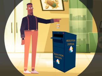 A graphic illustration of a man throwing away medication into a take-back bin