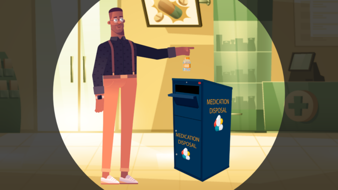 A graphic illustration of a man throwing away medication into a take-back bin