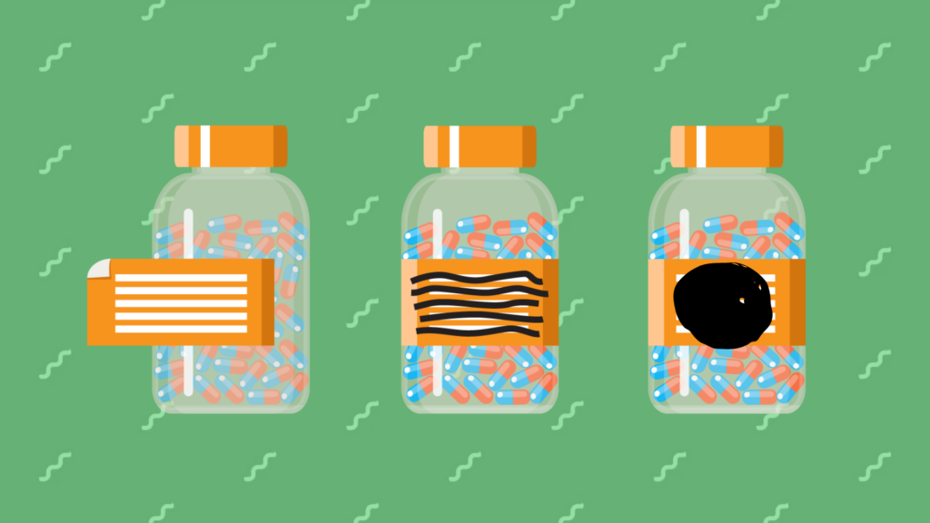 A graphic illustration of three medication bottles with the label removed or obscured in various ways