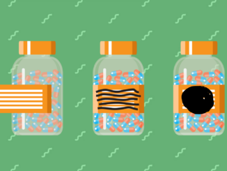 A graphic illustration of three medication bottles with the label removed or obscured in various ways