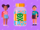 Graphic illustration of two children looking at a giant bottle of medication with a skull and crossbones