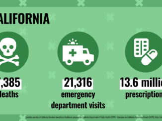 Un gráfico que transmite 7,385 muertes relacionadas con opioides en California, 21,316 visitas a la sala de emergencias y 13.6 millones de recetas.