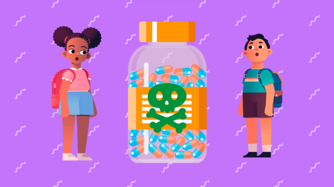 Ilustración gráfica de dos niños mirando un frasco gigante de medicamento con una calavera y huesos cruzados