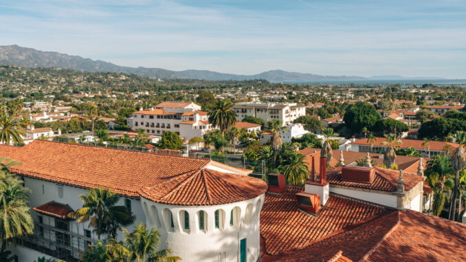 Santa Barbara Downtown, aerial view from Santa Barbara County Courthouse. Santa Barbara Downtown, aerial view from Santa Barbara County Courthouse.