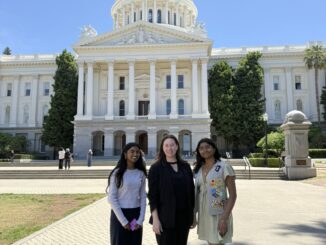 From left to right, Sriya Srinivasan, vice chair for the California Commission on the Status of Women and Girls’ Youth Advisory Council, Darcy Totten, CCSWG executive and Eucharistia Peter, YAC youth advisory council member.