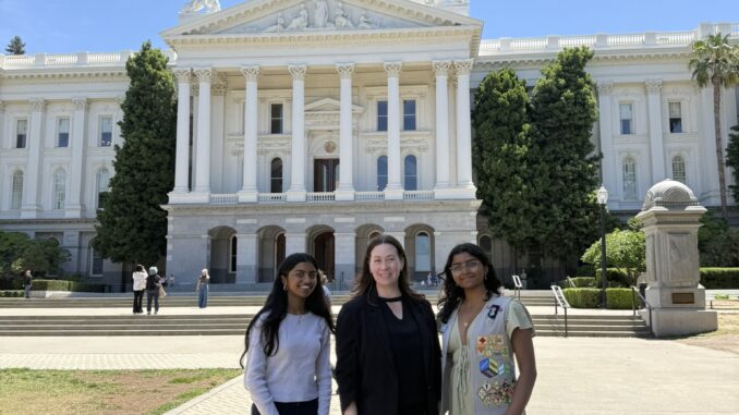 From left to right, Sriya Srinivasan, vice chair for the California Commission on the Status of Women and Girls’ Youth Advisory Council, Darcy Totten, CCSWG executive and Eucharistia Peter, YAC youth advisory council member.