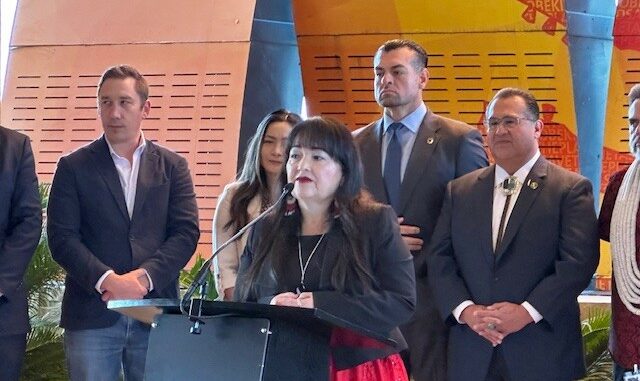 A photo at speaking at a podium with several people standing behind her.
