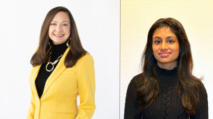 Two separate photos of different women. Both photos are portraits with white backgrounds. The left photo is of and older woman, Beth Hassett and the right photo is of a younger woman, Sonia Sharma.